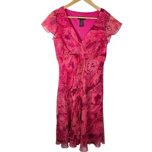 B.‎ Smart Pink Paisley Chiffon Midi Dress Flutter Sleeve Tie Waist Size 9/10